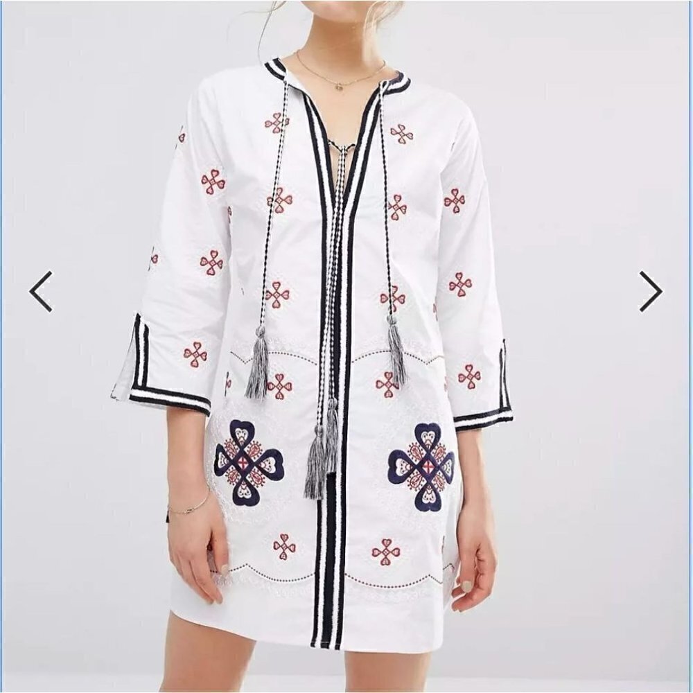 Endless Rose White Embroidered Tasseled Mini Tunic Popover Long Sleeve Dress L